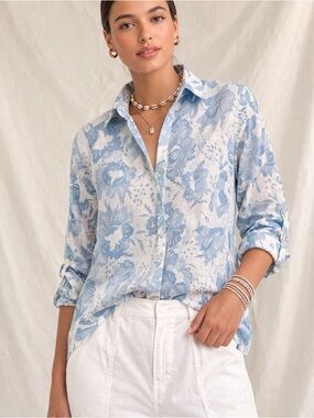 Sigrid Olsen Blue White Floral Linen Button Down Shirt Size L